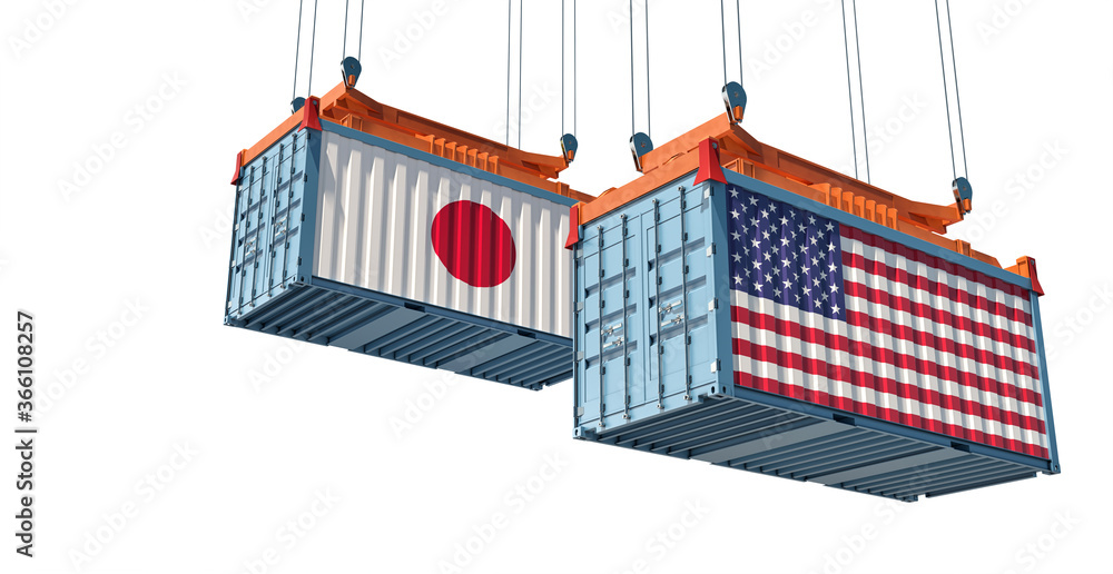Freight containers with USA and Japan flag. 3D Rendering 
