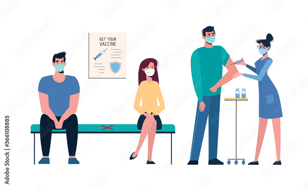 Fototapeta premium Vaccination of people against various diseases, including the coronavirus COVID19. Queue of people in medical masks for vaccination. A nurse administers a vaccine to a man. Injections Vector, cartoon.