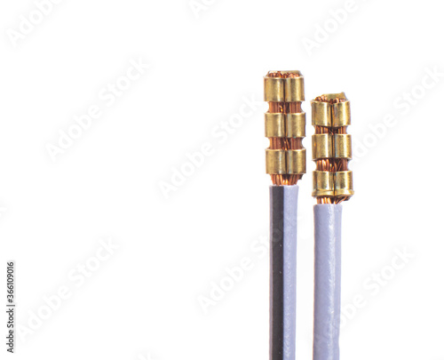 Two automotive electrical wires for pinout on a white background, isolate, copy space photo