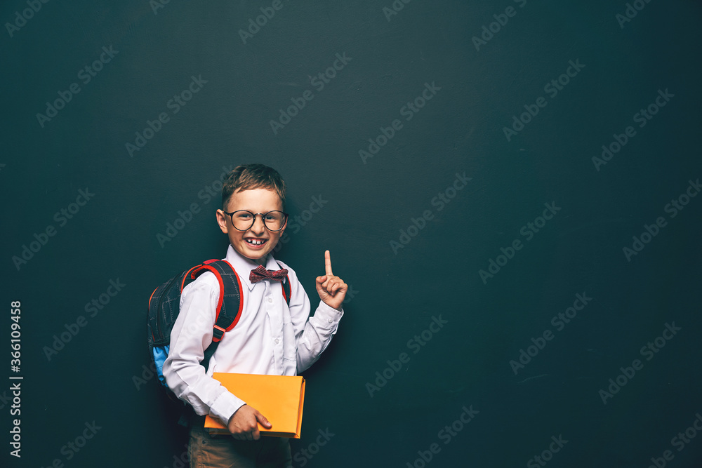cheerful, mischievous boy holds a book in his hands and points with his finger