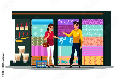 Woman customer shop assistant in wallpaper store
