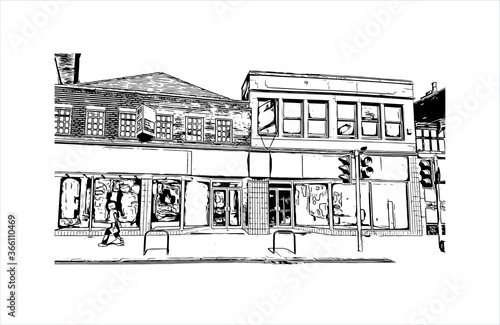 Building view with landmark of Chester is a city in northwest England. Hand drawn sketch illustration in vector. 