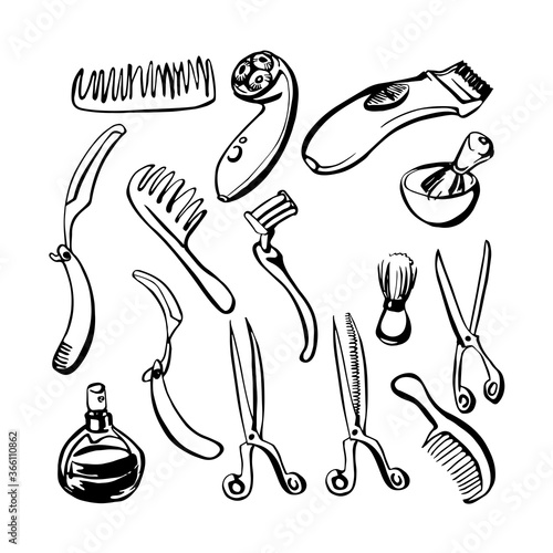 set of elements for hairdressing salon, scissors, trimmer, razor, hair brush, vector illustration with black ink contour lines isolated on a white background in a hand drawn & doodle style