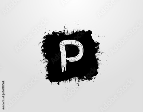 P Letter Logo With Black Square Splatter Element. Grunge Retro logo design template.