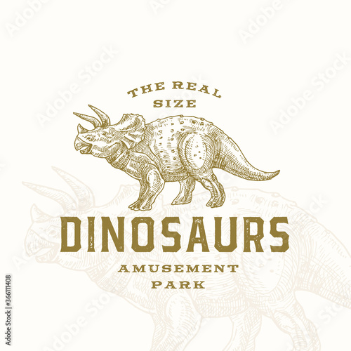 Real Size Dinosaurs Amusement Park Abstract Sign, Symbol or Logo Template. Hand Drawn Triceratops Reptile with Premium Typography and Background. Stylish Vector Emblem Concept.