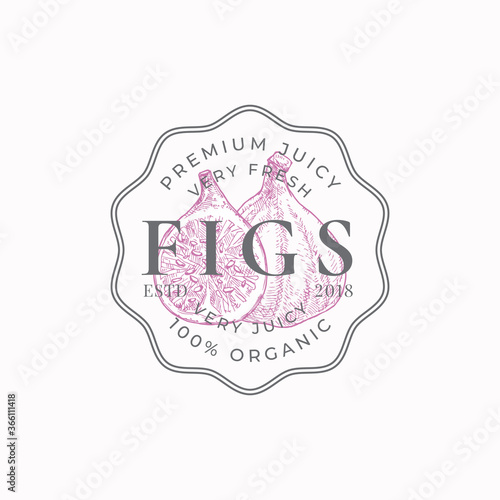 Figs Farm Round Frame Badge or Logo Template. Hand Drawn Fruits Sketch with Retro Typography and Borders. Vintage Premium Emblem.