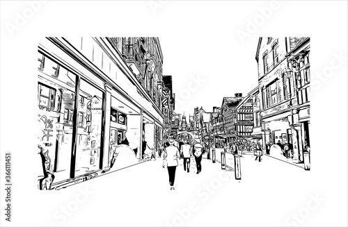 Building view with landmark of Chester is a city in northwest England. Hand drawn sketch illustration in vector. 