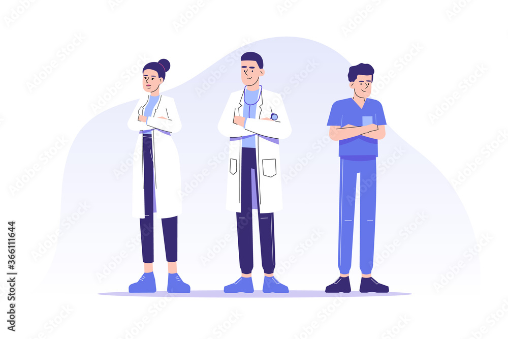 Medical Staff or Personnel concept. Doctors and nurses standing confident. Medical team. Hospital staff. Group of healthcare people. Isolated vector illustration for web, banner, poster, ui Medical Staff or Personnel concept. Doctors and nurses standing confident. Medical team. Hospital staff. Group of healthcare people. Isolated vector illustration for web, banner, poster, ui