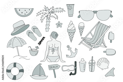 Thematic sketch. Summer sketch. Vector. Glasses, girl, ball, umbrella, palm, watermelon, hat, sea, summer