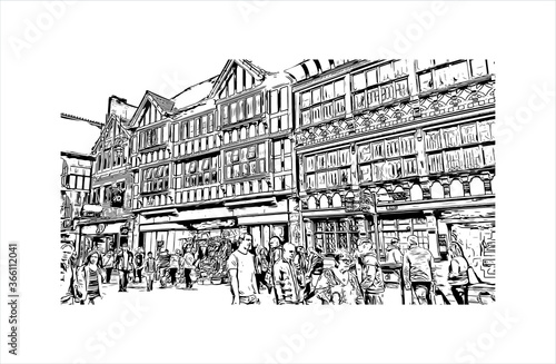 Building view with landmark of Chester is a city in northwest England. Hand drawn sketch illustration in vector. 