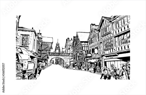 Building view with landmark of Chester is a city in northwest England. Hand drawn sketch illustration in vector. 