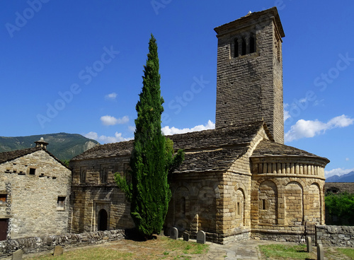 View of the Mozarab Pre-Romanesque or Romanesque Church of San Pedro de Larrede in the Serrablo Region. 10th-11th century. Aragon. Spain.
