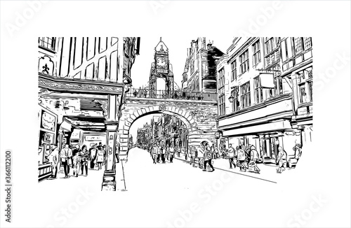 Building view with landmark of Chester is a city in northwest England. Hand drawn sketch illustration in vector. 