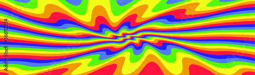 1960s Hippie Wallpaper Design. Trippy Retro Background for Psychedelic 60s-70s Parties with Bright Acid Rainbow Colors and Groovy Geometric Wavy Pattern in Pop Art style.
