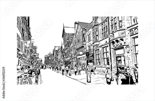 Building view with landmark of Chester is a city in northwest England. Hand drawn sketch illustration in vector. 