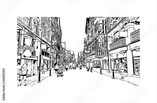 Building view with landmark of Chester is a city in northwest England. Hand drawn sketch illustration in vector. 
