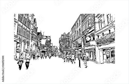 Building view with landmark of Chester is a city in northwest England. Hand drawn sketch illustration in vector. 