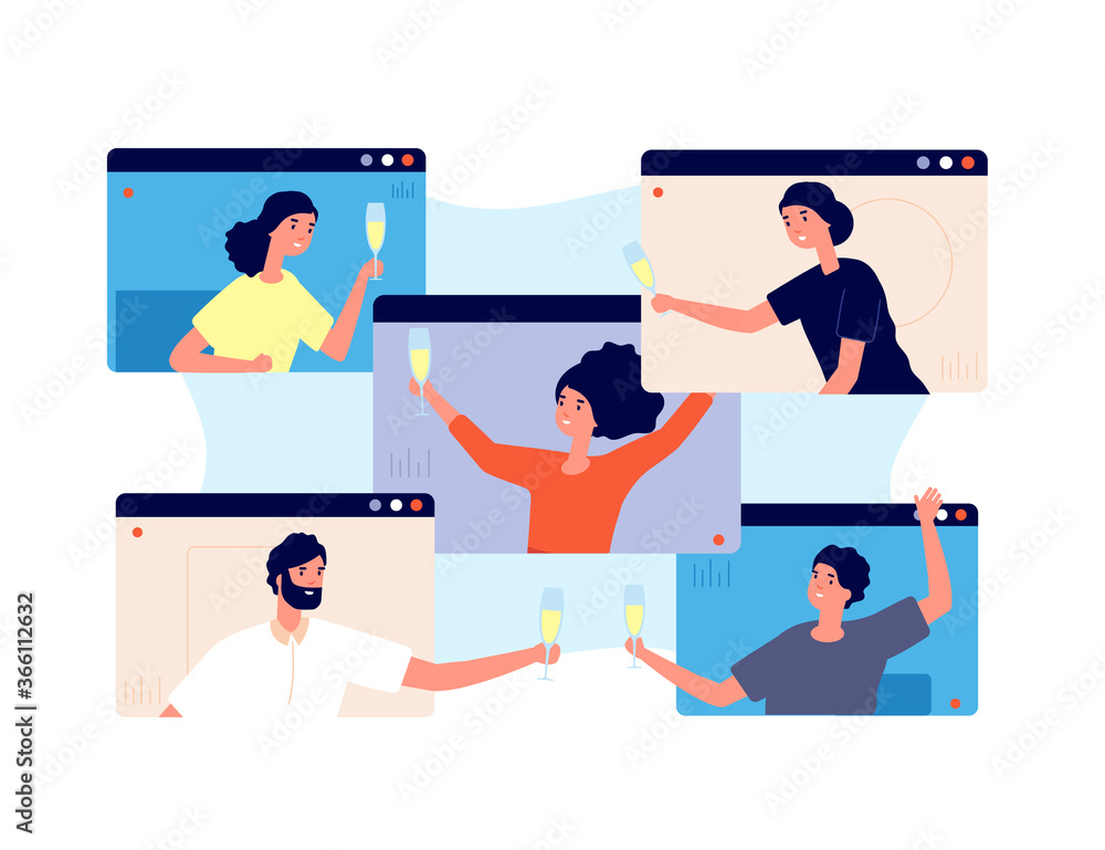 Online party. Friends celebrate birthday, meeting in isolation or quarantine. Video technology, people group drinks screen vector concept. Online call meeting, internet video conference illustration - obrazy, fototapety, plakaty 