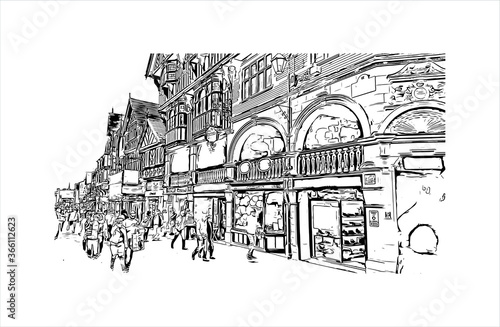 Building view with landmark of Chester is a city in northwest England. Hand drawn sketch illustration in vector. 