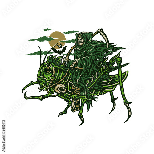 Vector illustration of grim reaper riding grasshopper, hand drawn line style with digital color