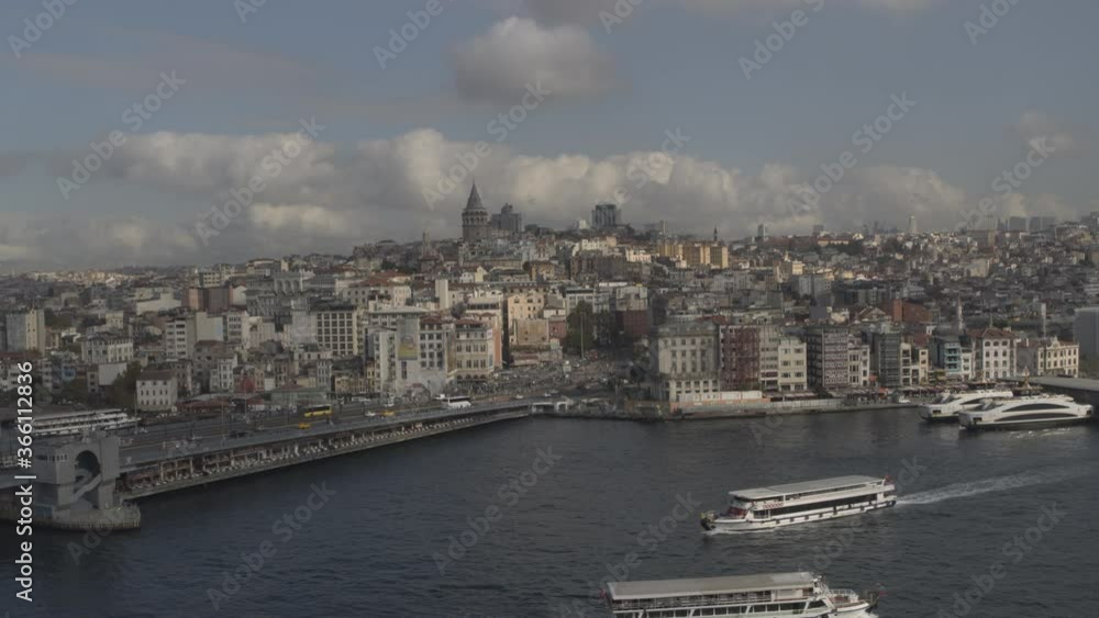 Drone shot of Galata tower from the other side of the bridge. Drone shot of Galata tower from the other side of the bridge.