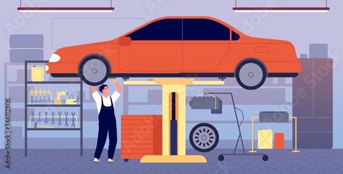 Car garage. Auto repair service, workshop station with tool equipment. Mechanic maintenance vehicle, transport check in vector illustration. Workshop mechanic auto, maintenance and check
