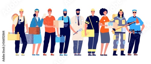 Frontliners characters. Essential workers, coronavirus work hero. Doctor nurse police postman, teamwork in pandemic time vector illustration. Doctor and courier, healthcare team frontline photo