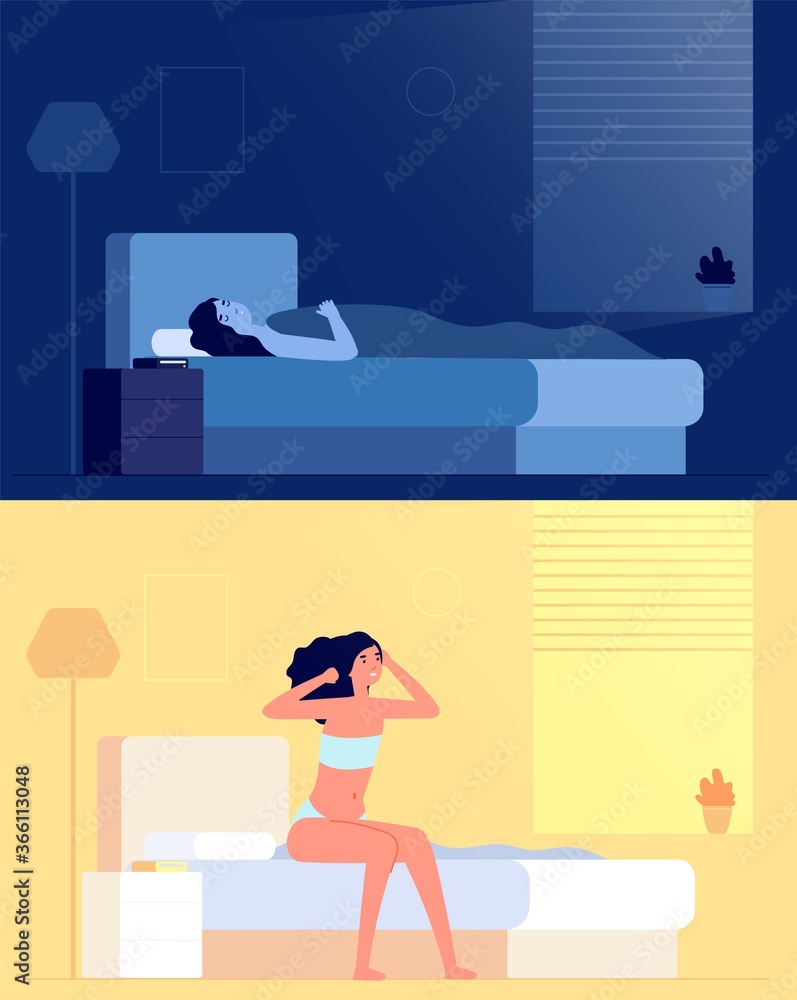 Obraz premium Sleeping wake up girl. Sleep woman, happy waking at morning. Lady stretching on bed mattress in bedroom after awake vector illustration. Girl morning wake up, awake in bedroom and sleep