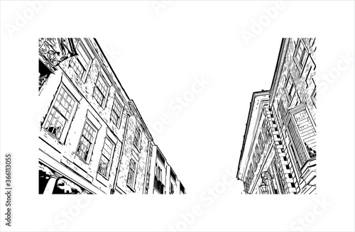 Building view with landmark of Chester is a city in northwest England. Hand drawn sketch illustration in vector. 