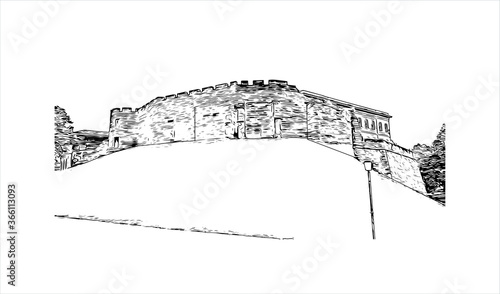 Building view with landmark of Chester is a city in northwest England. Hand drawn sketch illustration in vector. 