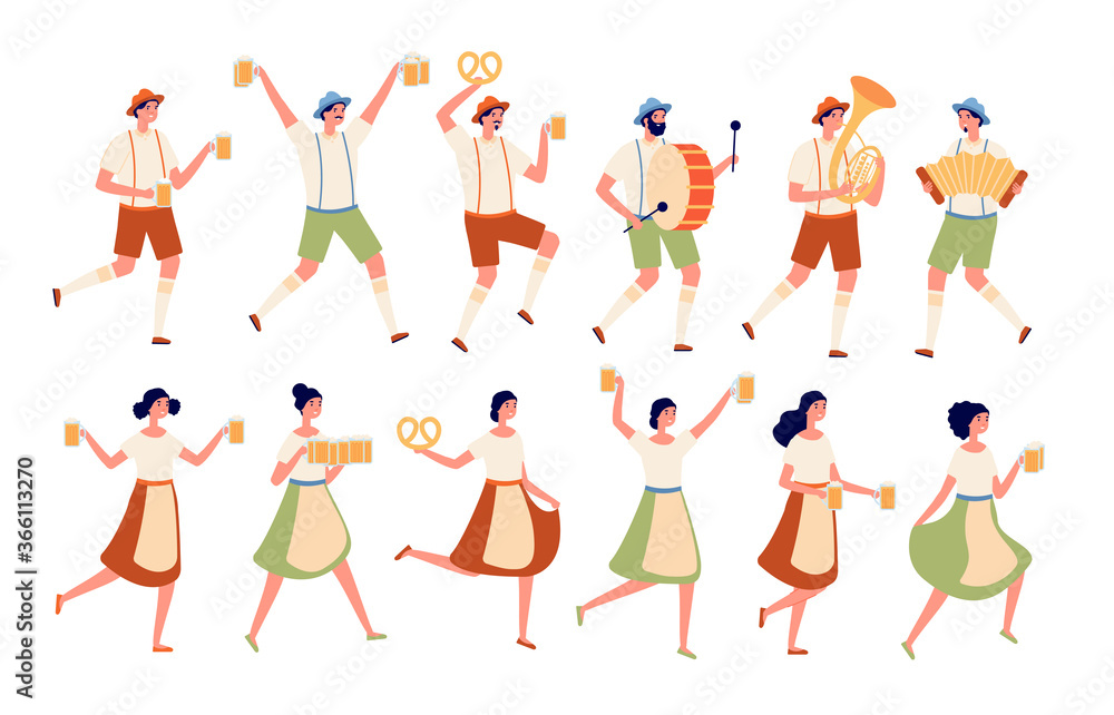 Oktoberfest characters. Autumn traditional beer festival, persons dancing with drinks. German fest, people in bavarian costumes vector set. Illustration oktoberfest character in traditional dress