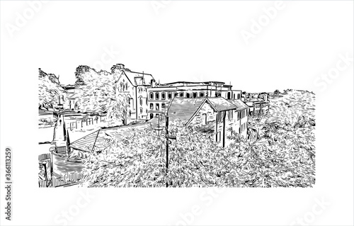 Building view with landmark of Chester is a city in northwest England. Hand drawn sketch illustration in vector. 