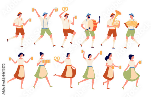 Oktoberfest characters. Autumn traditional beer festival, persons dancing with drinks. German fest, people in bavarian costumes vector set. Illustration oktoberfest character in traditional dress