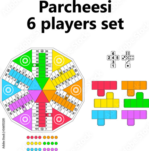 Parchis Parcheesi 6 players vector board game printable template set photo