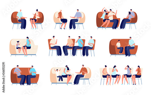 Family psychotherapy. Couple therapy, people psychologist consulting. Counselor rehabilitation, adult kids psychologist vector illustration. Psychotherapy and psychologist therapy, psychology problem