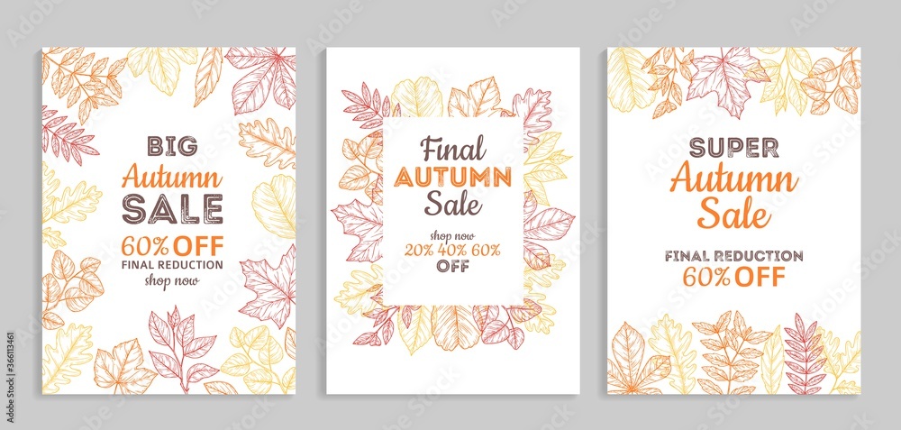 Autumn sale banners. Fall advertising vouchers, colorful discount poster. Thanksgiving season special price, sketch leaf vector background. Autumn banner with leaf, advertising foliage illustration