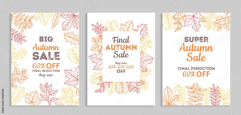 Autumn sale banners. Fall advertising vouchers, colorful discount poster. Thanksgiving season special price, sketch leaf vector background. Autumn banner with leaf, advertising foliage illustration Autumn sale banners. Fall advertising vouchers, colorful discount poster. Thanksgiving season special price, sketch leaf vector background. Autumn banner with leaf, advertising foliage illustration