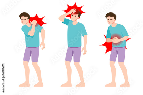 Set of man feel pain in different parts of body. People in migraine neck and headache, backache and stomach ache painful zones. Patient feel badly. Vector isolated illustration in cartoon style.