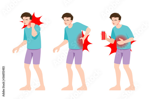 Set of man feel pain in different parts of body. People in migraine neck and headache, backache and stomach ache painful zones. Patient feel badly. Vector isolated illustration in cartoon style.