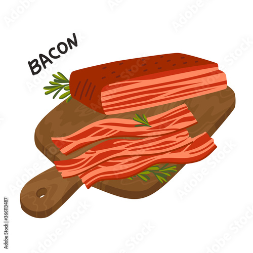 Bacon. Strips of Bacon on a wooden cutting board. Meat delicatessen. Simple flat style vector illustration.