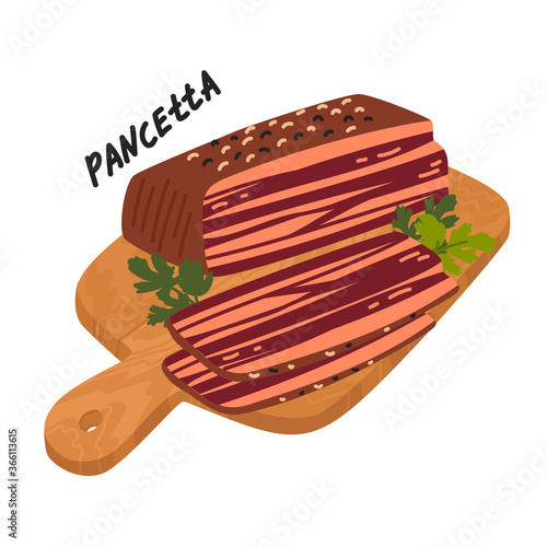 Pancetta. Meat delicatessen on white background. Slices of typical italian bacon. Simple flat style vector illustration.