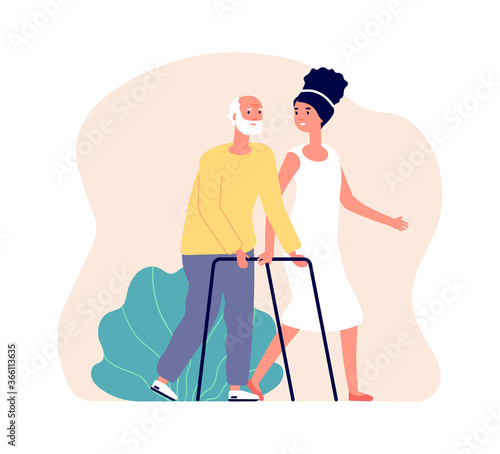 Girl volunteering. Young woman and old man, nurse and patient. Rehabilitation helping, medical support during recovery vector illustration. Woman volunteer help old man