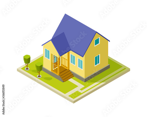 Urban cottage exterior. Simple isometric house building. Isolated 3d home with trees vector illustration. Cottage house exterior, building architecture