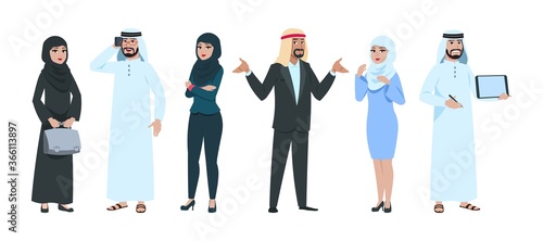 Arab business people. Elegant saudi woman and man in formal clothes. Isolated muslim female male characters. Arabic group, businessman team vector illustration. Saudi muslim people man and woman