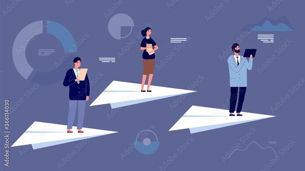 Business team leader. People on paper planes flying among economic charts. Startup project, financial managers or entrepreneurs vector characters. Leader success, leadership business team illustration