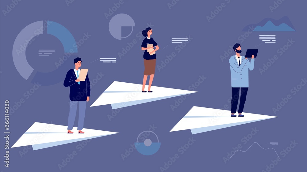 Business team leader. People on paper planes flying among economic charts. Startup project, financial managers or entrepreneurs vector characters. Leader success, leadership business team illustration Business team leader. People on paper planes flying among economic charts. Startup project, financial managers or entrepreneurs vector characters. Leader success, leadership business team illustration
