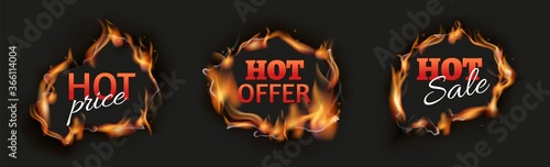 Burn holes. Hot sale black banners, season discount flame template. Realistic advertisement of special prices fire vector illustration. Fire hot hole, burn promotion template, retail burning badge