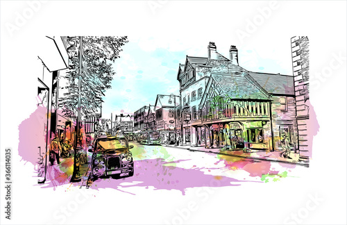 Building view with landmark of Chester is a city in northwest England. Watercolor splash with Hand drawn sketch illustration in vector. 