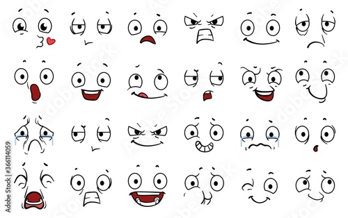 Cartoon comic faces. Expressions eye, emoji wink crazy boring and angry. Funny cute emotions character, laughter smile or scared mouth. Isolated emoticon symbols vector illustration.