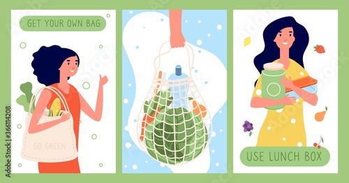 Eco lifestyle cards. Zero waste, using fabric shopping bags and reusable lunch box. People care about planet poster template. Ecology, healthy life vector illustration. Eco reusable for shopping